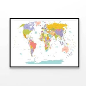 High Detail World map with Colors  Print 100% Australian Made 90x60cm  (Poster)