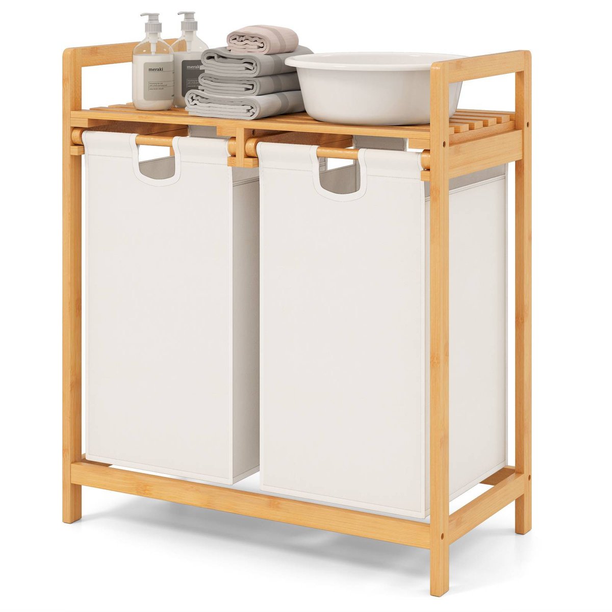Costway Bamboo Laundry Hamper 2-Section Laundry Sorter Basket ...