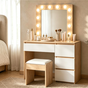 Oikiture Dressing Table with 12 LED Bulbs 4 Drawers and Stool Natural and White