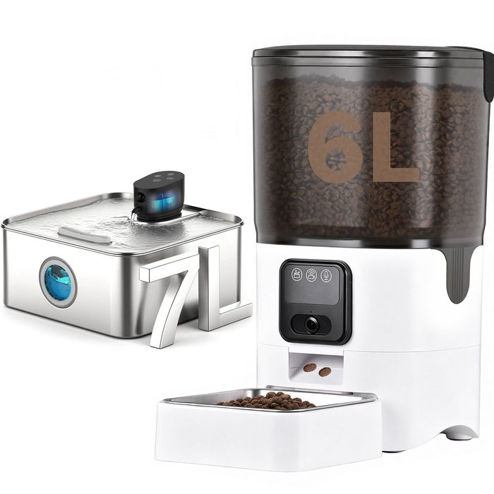 Advwin 6L Automatic Cat Feeder with 7L Stainless Steel Automatic Pet Water Fountain