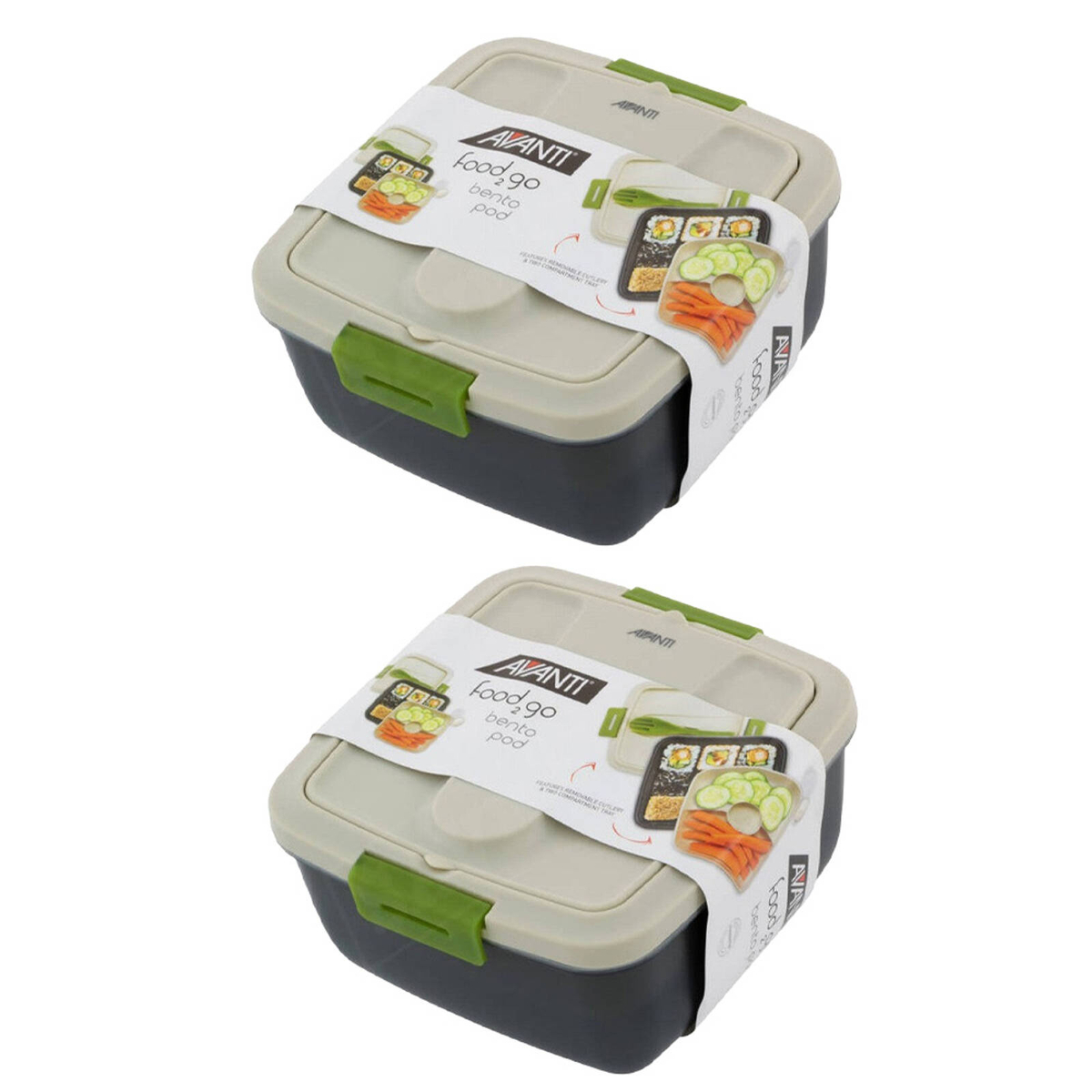 2x Avanti Food 2 Go Bento Pod Lunch Box 1.6L Dual Chamber With Utensils ...