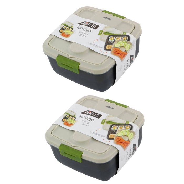 2x Avanti Food 2 Go Bento Pod Lunch Box 1.6L Dual Chamber With Utensils