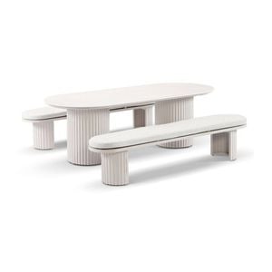 Aria Outdoor 2.4m Ceramic Table Top Dining Setting Light Dune With Benches & Sandstone Cushions