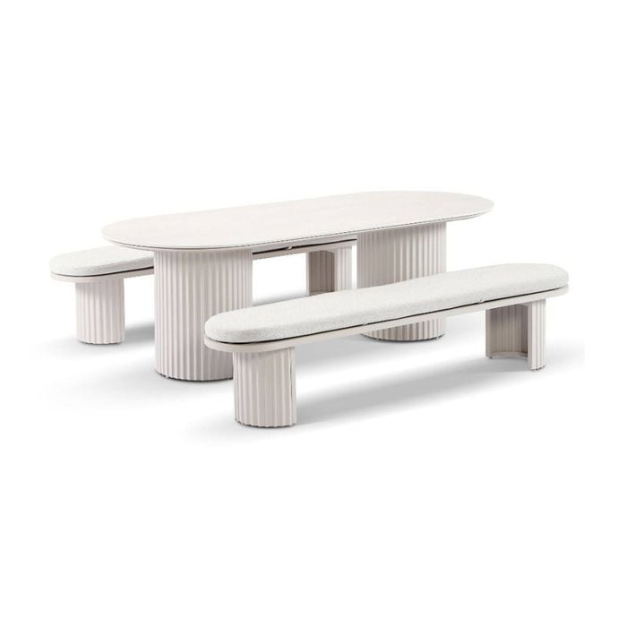 Aria Outdoor 2.4m Ceramic Table Top Dining Setting Light Dune With Benches & Sandstone Cushions