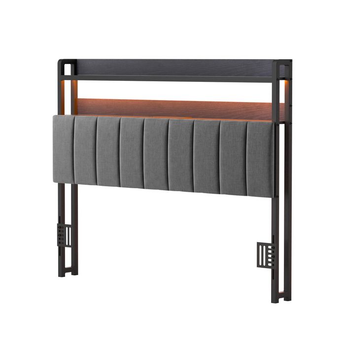 Artiss Double Headboard Charging Station Storage LED Light Grey Upholstered