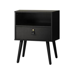 Oikiture Bedside Table Side Table w/ Leather Handle Black