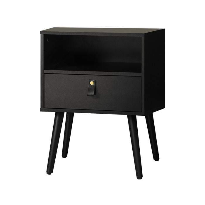 Oikiture Bedside Table Side Table w/ Leather Handle Black
