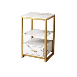 Foret Modern Side Cabinet High Gloss Marble Pattern Wh Gold Metal Frame Storage