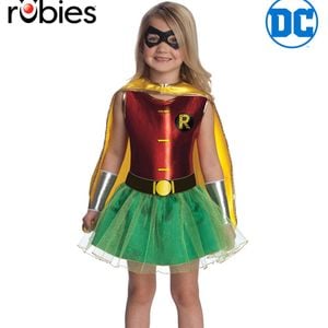 DC Comics Robin Girls Costume with Shiny Dress, Tutu Skirt, Cape and Eyemask - Red & Green Colour, TODDLER