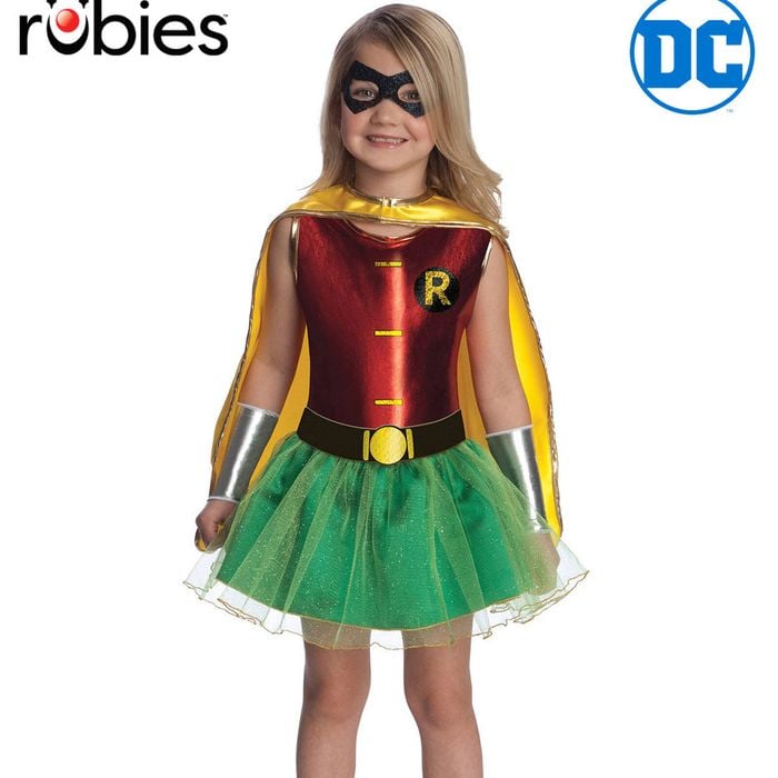 DC Comics Robin Girls Costume with Shiny Dress, Tutu Skirt, Cape and Eyemask - Red & Green Colour, TODDLER