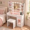 Advwin Dressing Table with Glass Tabletop & Cabinet and LED Light Charging Station Makeup Vanity Desk White