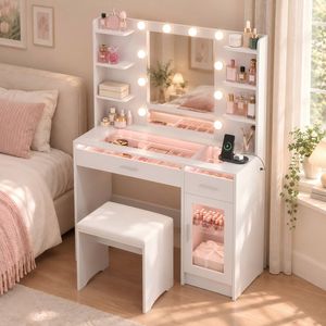 Advwin Dressing Table with Glass Tabletop & Cabinet and LED Light Charging Station Makeup Vanity Desk White