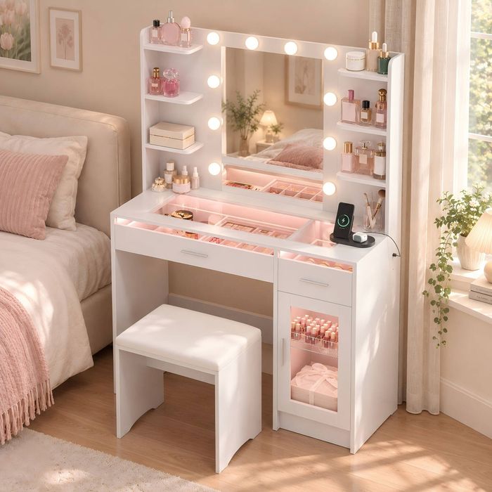 Advwin Dressing Table with Glass Tabletop & Cabinet and LED Light Charging Station Makeup Vanity Desk White