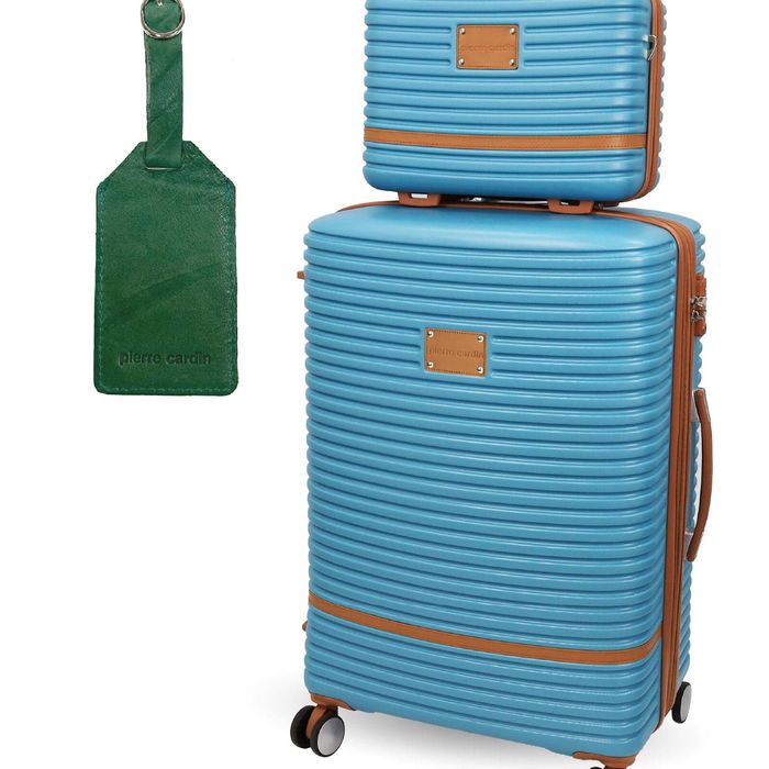 Pierre Cardin Medium Hard-Shell Suitcase & Mini Beauty Case Set w/Name Tag Blue