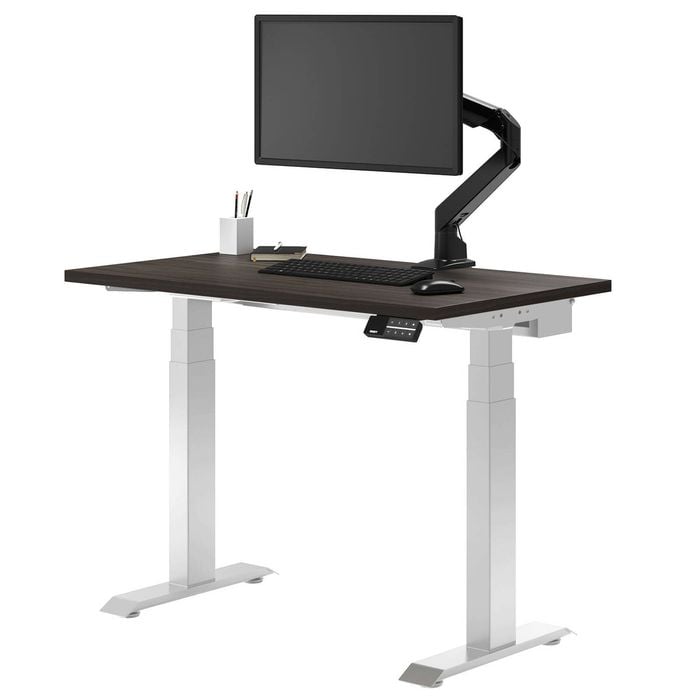 Desky Dual Mini Sit To Stand Burnished Wood Desk 800x500mm White Frame