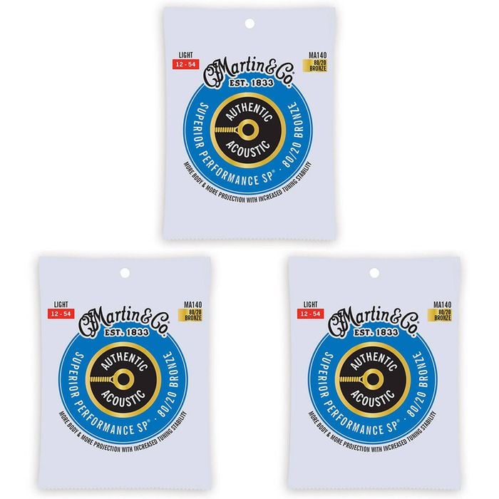 3PK Martin Guitar MA140 Authentic Acoustic String 80/20 Bronze Light Gauge