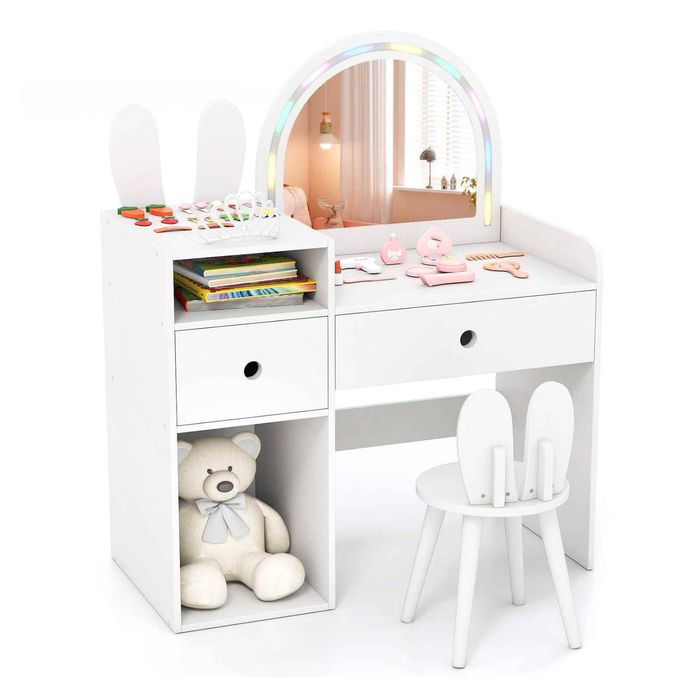 Costway Kid Vanity Set Lighted Mirror Princess Makeup Table & Chair White