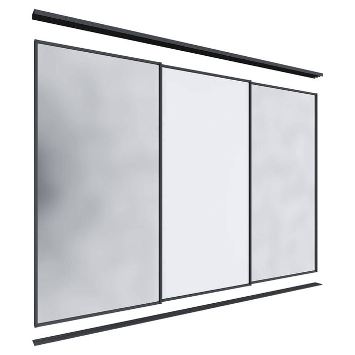 Lugna 2400 x 2701-3600mm Black 2 Mirror 1 Melamine Wardrobe Triple Sliding Doors