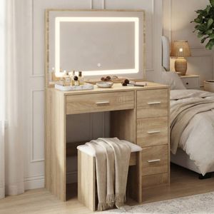 Oikiture Dressing Table Stool Set Large Makeup Mirror Vanity Natural