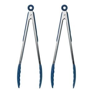 2PK Tasty Silicone Tongs Kitchen Utensil 38cm Blue/Silver