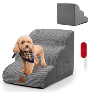 Costway 3 Steps Dog Ramp Pet Stairs w/Pet Hair Remover Grey