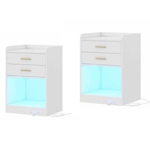 2xsmall Nightstand With Charging Station Led Bedside Table With 2 Drawers & Shelf Whtie