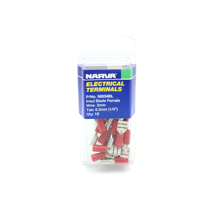 Narva 2.5-3 / 6.3 x 0.8mm 1/4" Red Double Crimped Flared Vinyl Insulated  Female Blade Terminal - 18 Pack