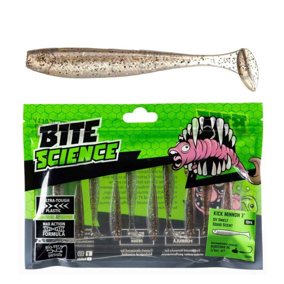 10 Pack of 3 Inch Bite Science Kick Minnow Soft Plastic Lures - UV ...