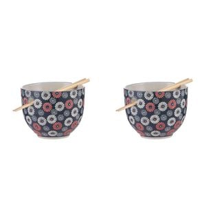 2PK Ladelle Nara Flora Ceramic Noodle Bowl w/ Chopsticks Japanese Style Assorted