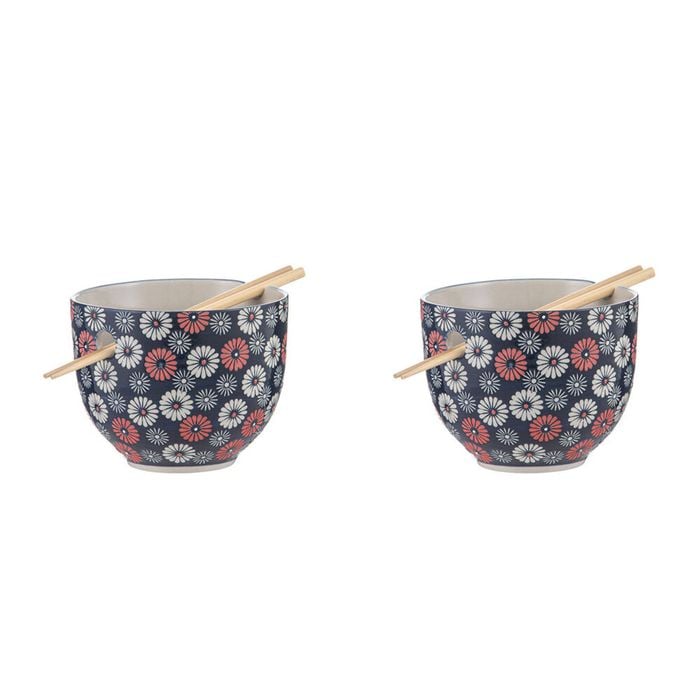 2PK Ladelle Nara Flora Ceramic Noodle Bowl w/ Chopsticks Japanese Style Assorted