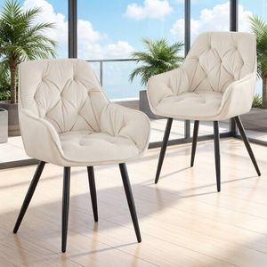 BRIBRION x2 Velvet Dining Chair with Arms Black Metal Legs Tufted Back Armrests Accent Vanity White