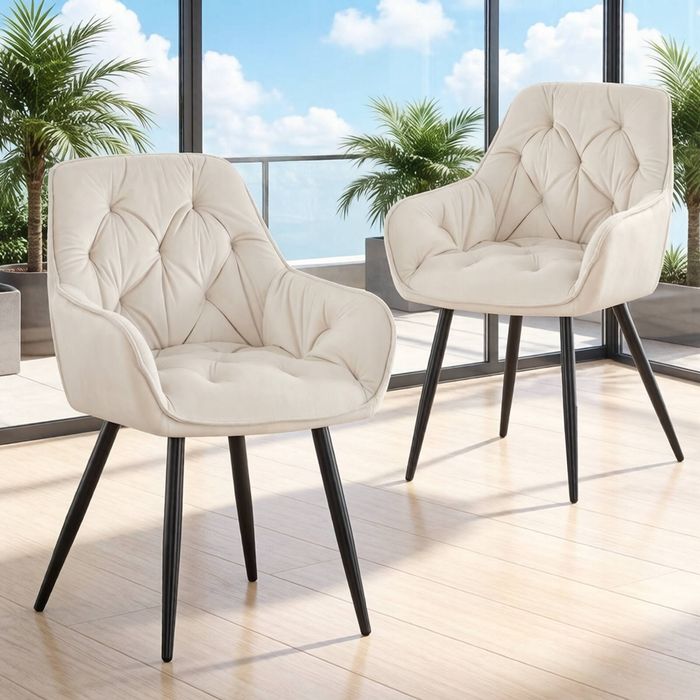 BRIBRION x2 Velvet Dining Chair with Arms Black Metal Legs Tufted Back Armrests Accent Vanity White