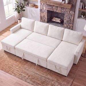 Advwin 253cm 4 Seater Sofa Bed w/ Storage Chaise U Shape Chenille Pull Out Couch Bed Convertible Sleeper Chaise Beige