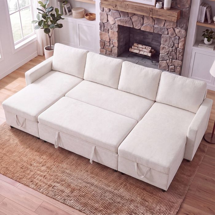 Advwin 253cm 4 Seater Sofa Bed w/ Storage Chaise U Shape Chenille Pull Out Couch Bed Convertible Sleeper Chaise Beige