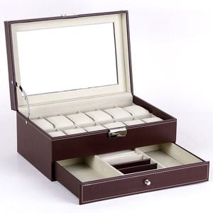Catzon Watch Storage Box 2-tier 12 Slot Lockable Jewelry Display Case With Glass Lid-brown