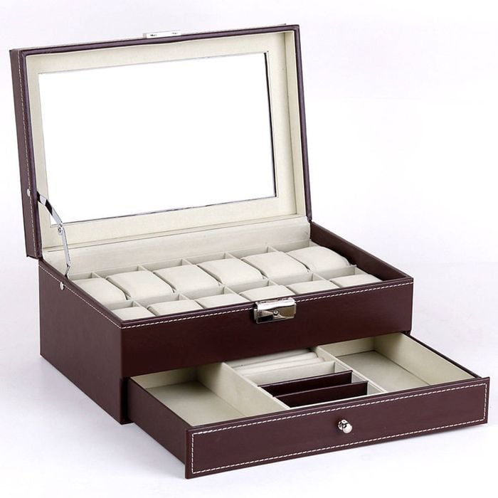 Catzon Watch Storage Box 2-tier 12 Slot Lockable Jewelry Display Case With Glass Lid-brown