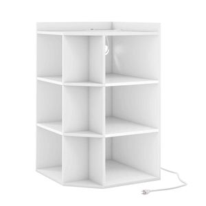 Costway 3-Tier Corner Cabinet Wooden Corner Bookshelf Cube Storage Organizer w/Charging Station-White
