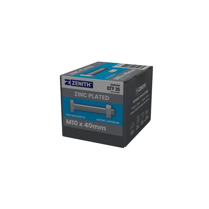 ZENITH M10 x 40mm Zinc Plated Hex Head Bolts and Nuts - 25 Pack