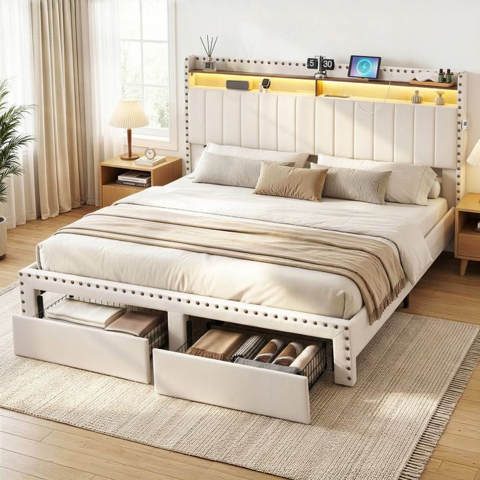 Artiss King Bed Frame Upholstered Storage Drawer LED Charging Ports Wingback
