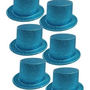 6x GLITTER TOP HAT Fancy Party Plastic Costume Tall Cap Fun Dress Up BULK Sky Blue