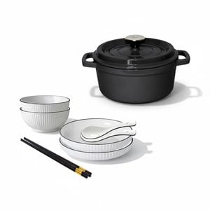 SOGA Kitchenware Bundle – White Japanese Ceramic Dinnerware Set & Black Cast Iron Stewpot
