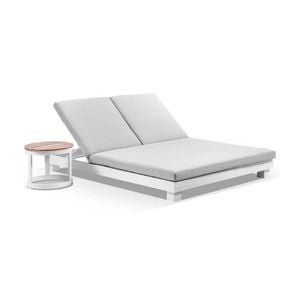 Santorini Double Sun Lounge Round Side Table White & Olefin Grey Cushions