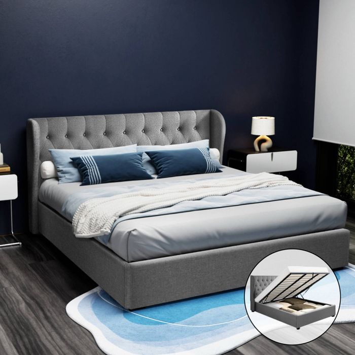 Artiss Bed Frame King Gas Lift Grey Issa