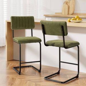 HOMFURN Set of 2 Velvet Bar Stools, 65cm Seat Height, Cantilever Steel Frame, Green Kitchen Counter Chairs, 150kg Capacity