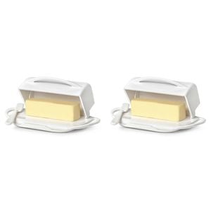 2x Butterie Plastic Flip Top Lid Butter Dish W/ Spreader White 22.9x14cm