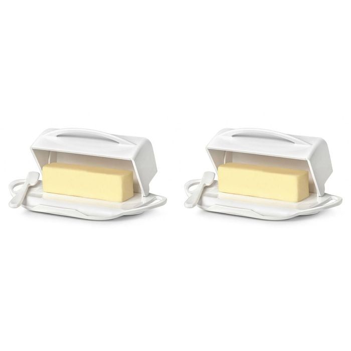 2x Butterie Plastic Flip Top Lid Butter Dish W/ Spreader White 22.9x14cm