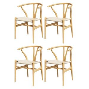 1 Set of 4 Artiss Dining Chairs Wooden Rattan Seat Wishbone Back