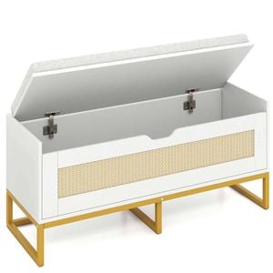 Costway Rattan Storage Chest 1m Shoe Bench Cabinet Flip Top Padded White