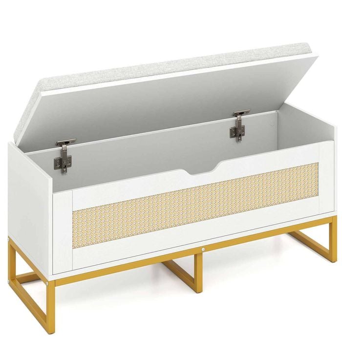Costway Rattan Storage Chest 1m Shoe Bench Cabinet Flip Top Padded White