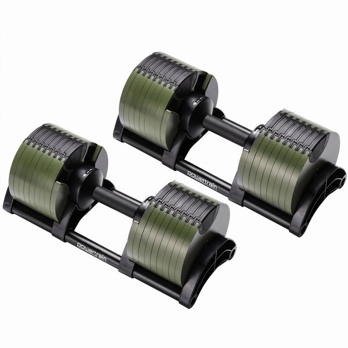 Powertrain Eon 90kg Adjustable Dumbbells Pair (2x 45kg) Quick Dial Strength Training Free Weights for Home Gym, Green